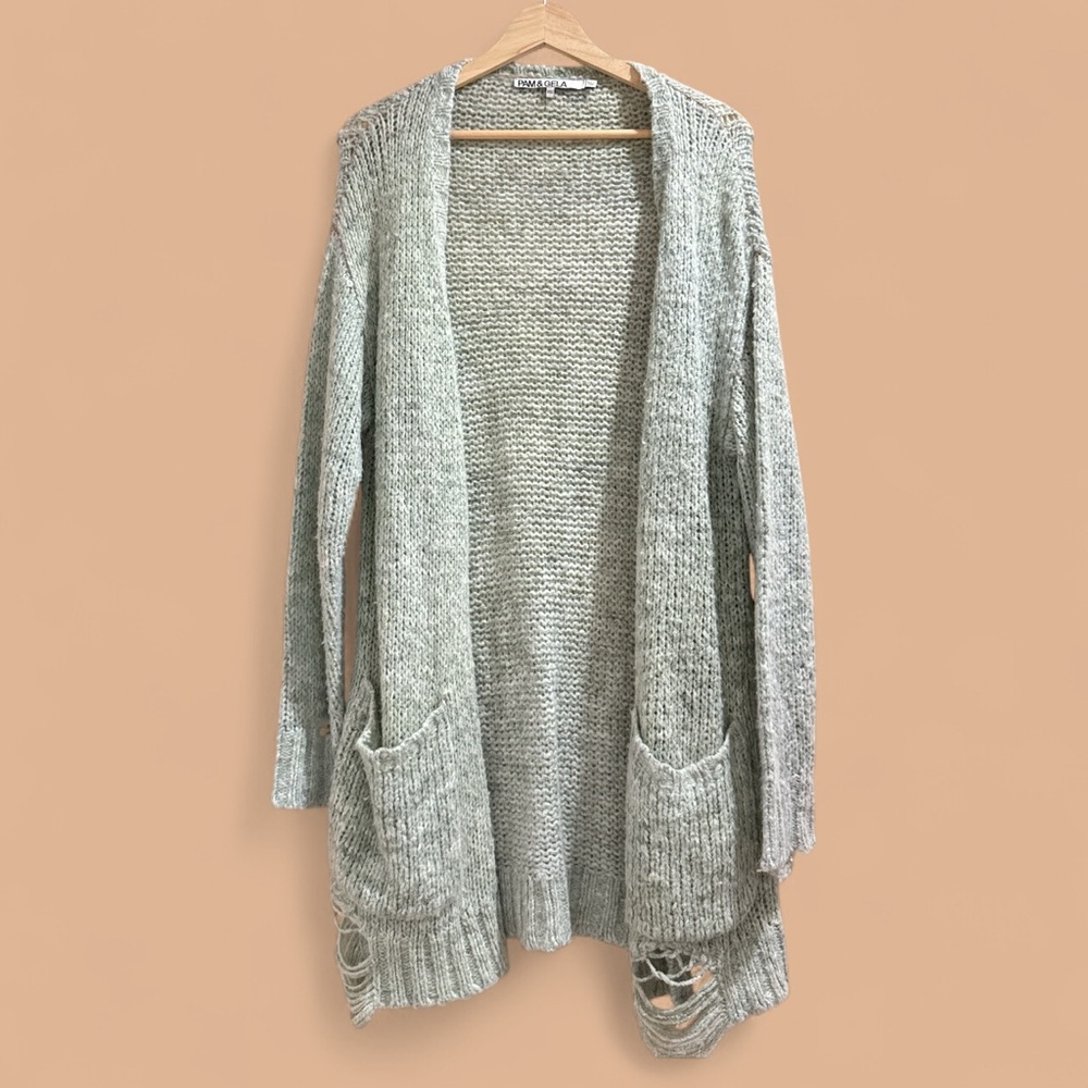Pam & Gela - Green Open-Front Oversized Distressed Sweater Cardigan - S